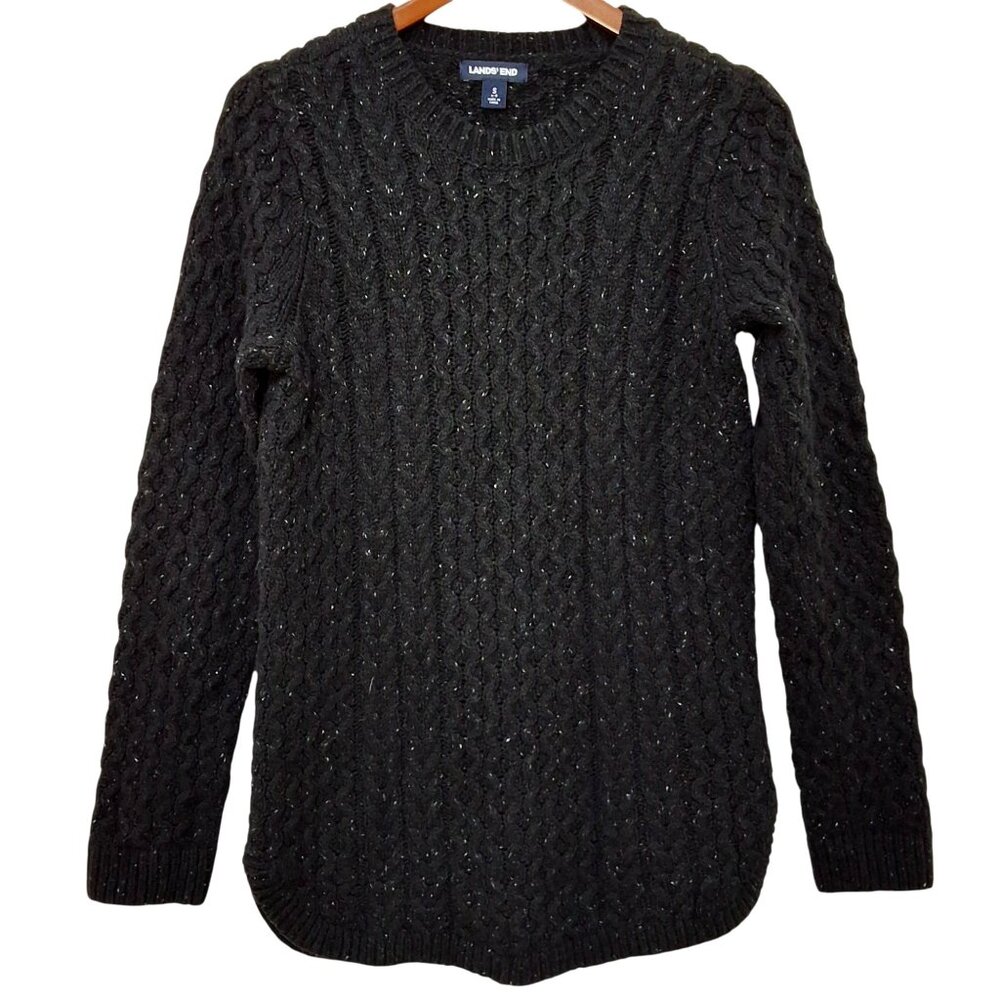 Lands End Womens Black Cable-Knit Fisherman Tunic Sweater S Cotton‎ Wool Blend